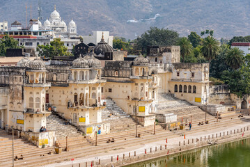 Scenic landscape view of Chandra Ghat at Pushkar Holy Lake, Rajasthan, India