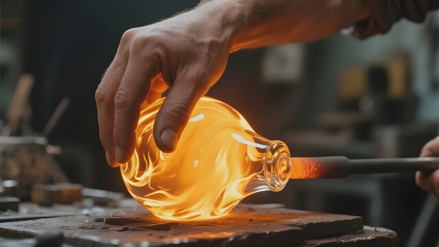 Craftsman shaping molten glass with a rod in a workshop