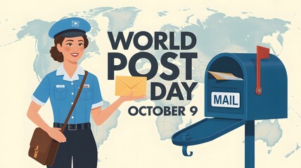 Smiling postal worker holding a letter next to a mailbox on world post day