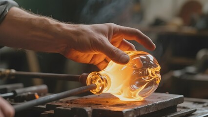 Craftsman shaping molten glass with tools in a workshop setting