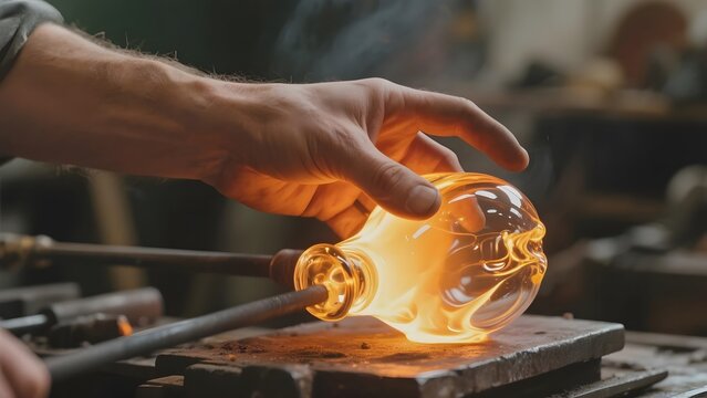 Craftsman shaping molten glass with tools in a workshop setting