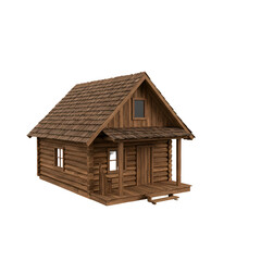 Isolated 3D Rendered Wooden Cabin House With Brown Wood Exterior Details
