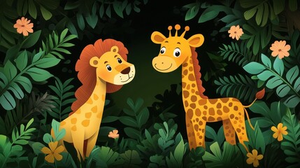 A lion and giraffe stand amidst lush jungle foliage