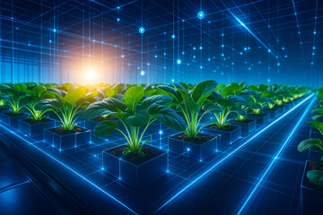 AI generated high tech indoor smart farm with lush green vegetables glowing under digital light grid showing futuristic precision agriculture and real time environmental control system