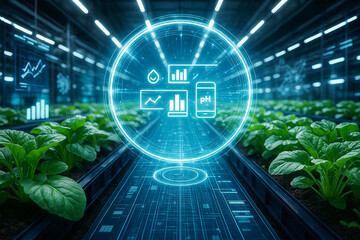 AI generated futuristic smart farm with digital dashboard overlay in vertical greenhouse showing plant growth data and precision environment control with ambient cool lighting