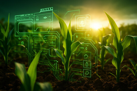 AI generated corn field with glowing data dashboard overlay representing smart farming precision control and sustainable agriculture in modern technology environment