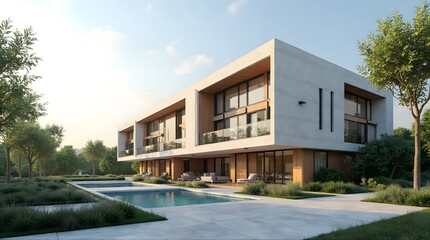 Modern Concrete Villa with Pool and Lush Landscaping