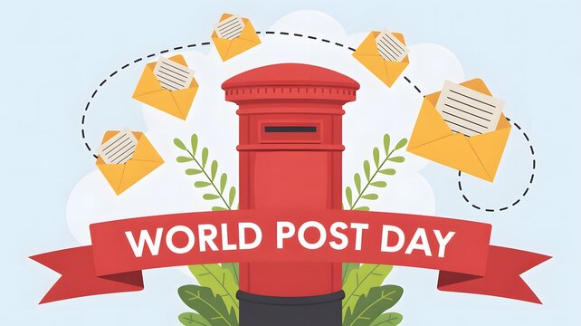 Red post box with envelopes and world post day ribbon