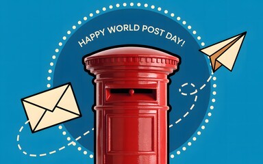 Red post box with paper airplane and envelope celebrating world post day