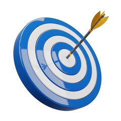 Photo of an arrow hitting the center of a blue and white target symbolizes success and achievement in a competitive environment
