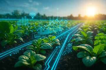 AI generated ultra realistic smart farming field with digital grid overlay glowing in blue symbolizing real time monitoring technology and precision agriculture for sustainable food production