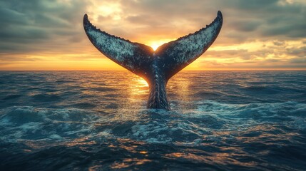 Whale's tail emerges from ocean, sunset backdrop