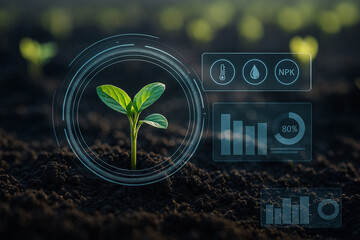 AI generated young green seedling emerging from fertile soil surrounded by a digital scanning ring and data HUD displaying moisture temperature and nutrient levels in smart farming system