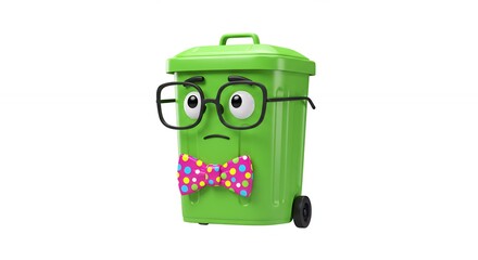 Animated sad garbage can with glasses and bowtie