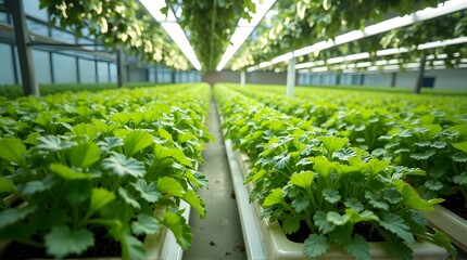 Lush Green Geraniums Growing in Modern Greenhouse