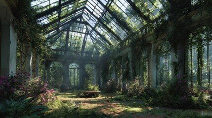 Overgrown greenhouse ruin in forest, sunlight streams through glass, plants flourishing, potential game background