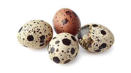 Three quail eggs arranged in triangle formation on white background, captured with 50mm lens, focus on delicate spotted shell texture and balanced composition on smooth surface