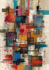 Naklejka premium Colorful Abstract Geometric Painting with Dynamic Lines and Shapes