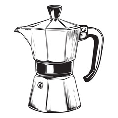 Black and white illustration of a moka pot coffee maker stovetop espresso maker Italian coffee maker 
