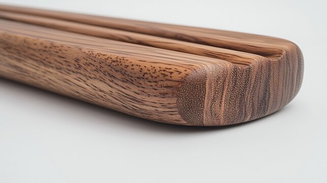 Wooden chopsticks resting parallel on white background, shot with 50mm lens, focus on natural wood grain texture and warm tones with minimalist aligned composition