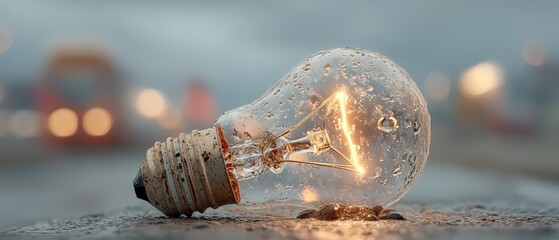 Close-Up of Wet Blown Light Bulb on Rainy Street