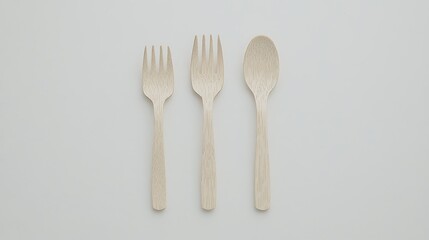 Wooden spoon and fork set side by side on white background taken with 50mm lens, simple layout using natural wood grain visible with even soft shadows and smooth textures