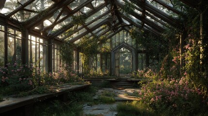 Overgrown Greenhouse, Sunlit Ruin, Nature Reclaiming, Forest Background, Wallpaper