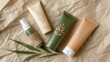 Fototapeta premium Natural skincare products on eco-friendly packaging with botanical designs.