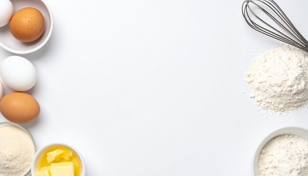 Gather fresh ingredients for baking success: eggs, butter, flour, and whisk ready to create delicious treats.