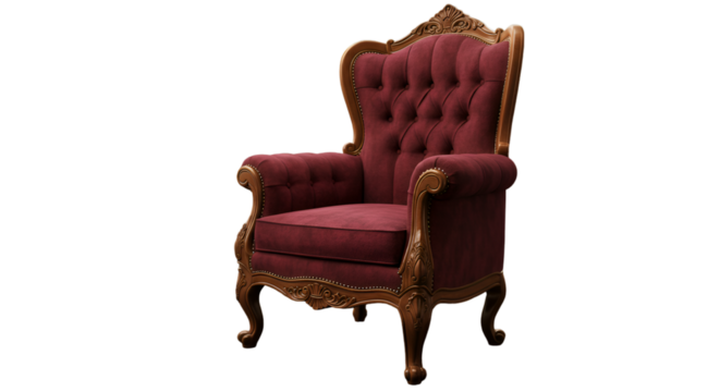 Elegant Red Velvet Chair Gold Trim Isolated Illustration on Transparent Background
