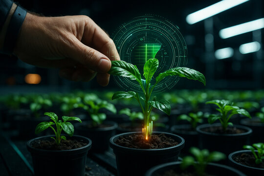 AI generated human hand gently touching seedling with digital hud interface showing data in smart indoor farming environment combining care technology and precision monitoring system
