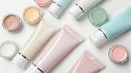 Cosmetics arranged artfully with various creams and shimmering powders.