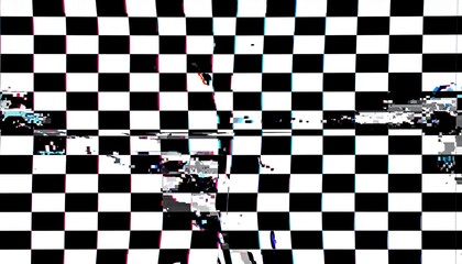 Obraz premium Distorted glitch effect on black and white checkerboard pattern creates abstract digital noise
