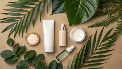 Natural skincare products arranged with green leaves on a textured background.