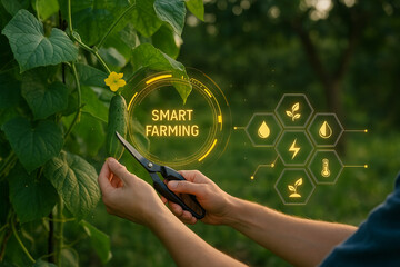 AI generated symbolic scene of smart farming with farmer harvesting cucumber by hand supported by glowing digital interface showing data driven agriculture and real time environmental monitoring