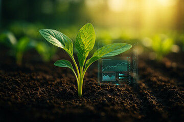 AI generated hyper realistic image of a green seedling growing from fertile soil with digital interface overlay showing data analytics symbolizing smart farming technology and sustainable innovation