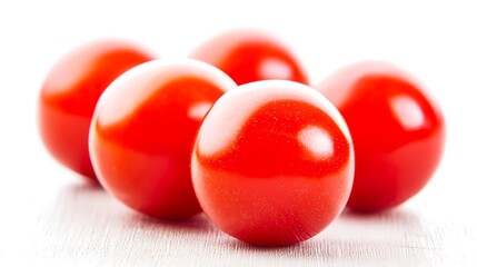 Studio shot of cherry tomatoes loosely spread on white surface, taken with 50mm lens, highlighting bright red color and smooth texture with soft light