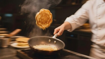 Chef flipping a pancake in a frying pan with steam rising