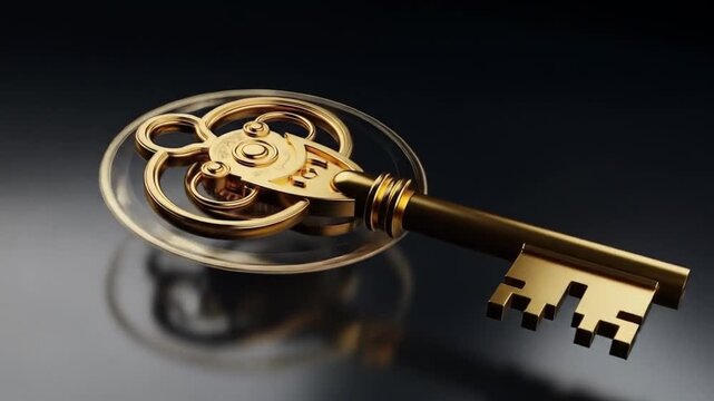 Elaborate Golden Key with Intricate Details and a Metallic Reflective Surface on a Dark Background Offering a Sense of Luxury and Timelessness