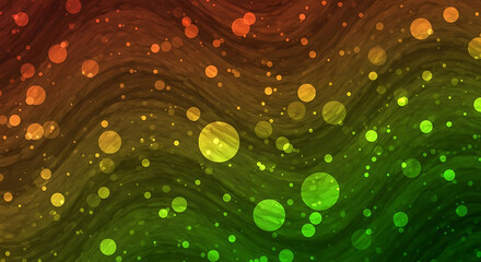 Flowing waves of red, orange, and green with sparkling bokeh dots creating a dynamic abstract background.