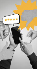Photo of customer feedback concept showing hands interacting with a mobile phone and rating stars for online business