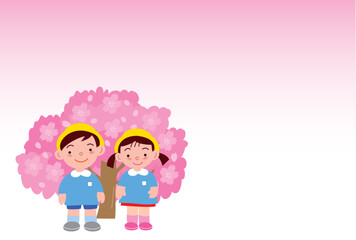 満開の桜と園児
