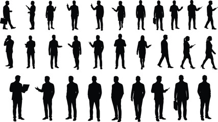 Silhouette of business people, men and women, walking, talking, using phone, holding briefcase, isolated, professional office workers, teamwork poses