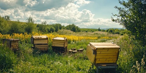 A lush countryside where beekeepers carefully extract honey from wooden beehives