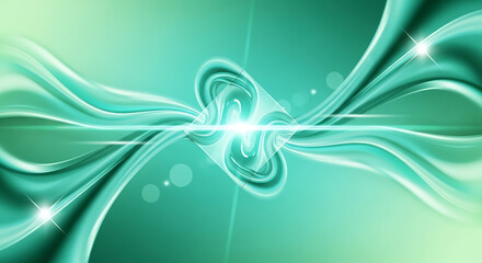 Symmetrical green waves of energy converge on a bright, glowing central point with lens flare and sparkles.