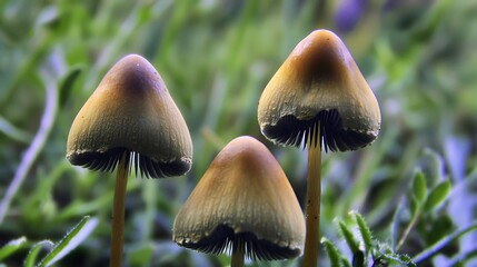 Studio photo of clean-stemmed mushrooms grouped closely, taken with 50mm lens, emphasizing warm earthy colors and delicate textures on caps and gills