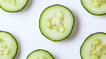 Studio photo of evenly sliced cucumber rounds laid flat on white, captured with 50mm lens, showcasing crisp edges, bright green hues, and subtle shadowing