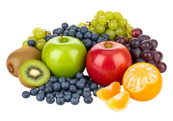A vibrant assortment of fresh fruits including apples blueberries grapes kiwi and orange segments isolated on transparent background