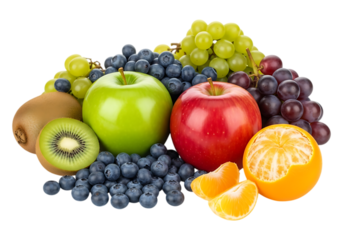 A vibrant assortment of fresh fruits including apples blueberries grapes kiwi and orange segments isolated on transparent background