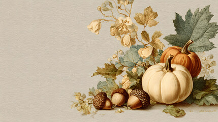 Elegant corporate Thanksgiving card featuring pumpkins, autumn leaves, and acorns with space for a personalized message